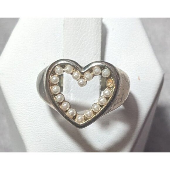 Vintage Open Heart Silver Tone Seed Pearl Ring Size 6 1/4 - Picture 1 of 16